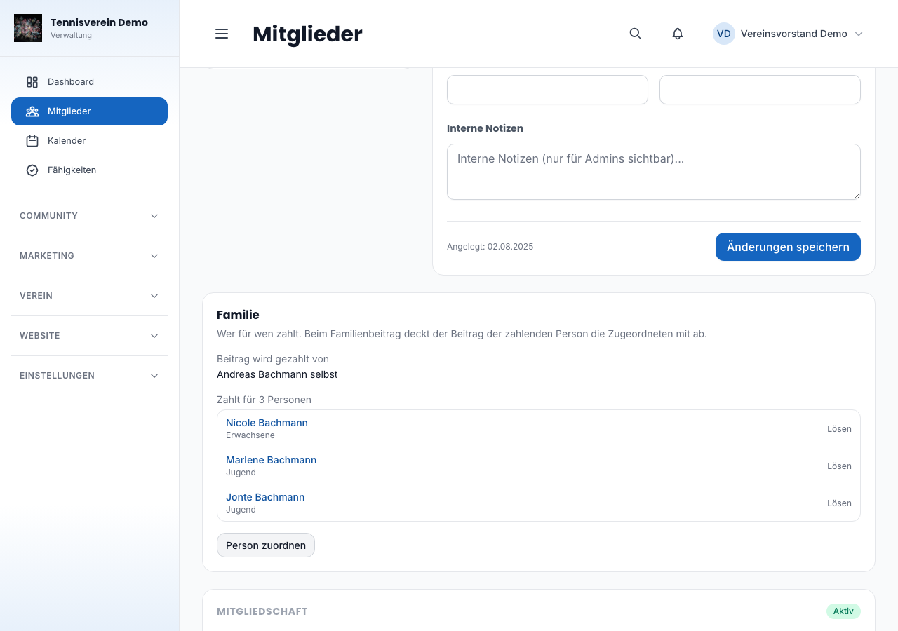 Die Karte „Familie" auf der Mitgliederseite