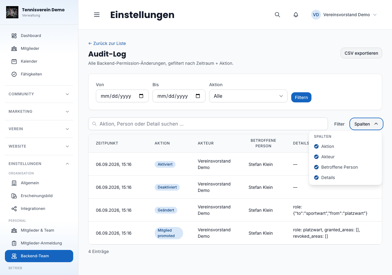Audit-Log mit Suche, Sortierung und Spaltenauswahl