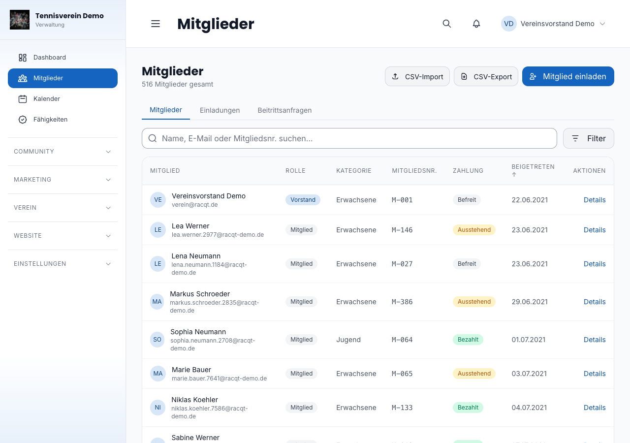 Eingegangene Beitrittsanfragen im Dashboard