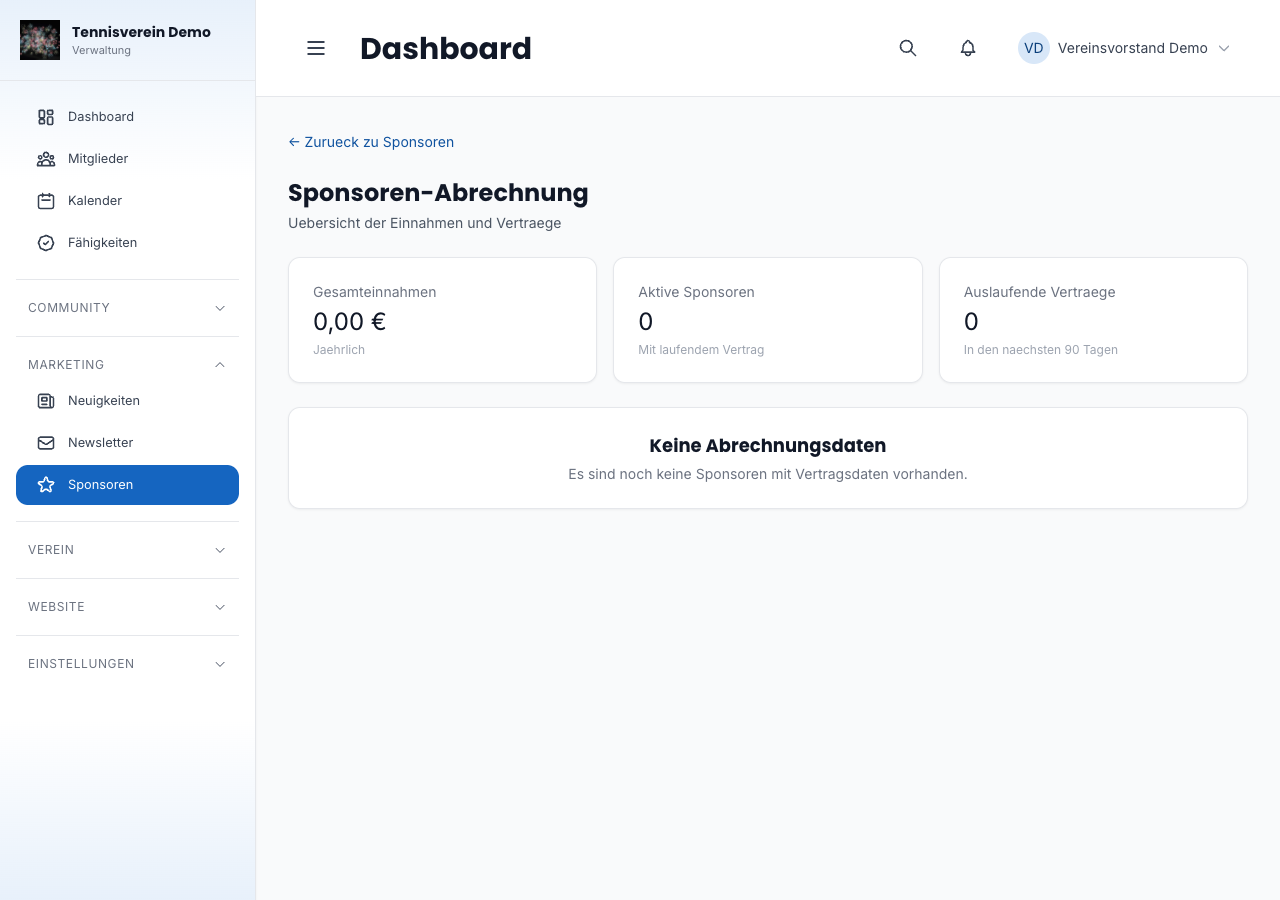 Detailseite eines Sponsors mit Logo und Vertragsdetails